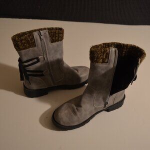 Gray Mid Rise Boots Side Zipper Decorative Back Lace Brown Wool Knit Top Lady 37